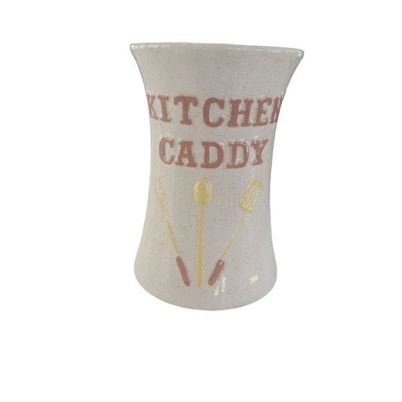 Vintage Ceramic Pottery Kitchen Caddy Utensil Holder MCM Neutral Beige - Picture 1 of 3